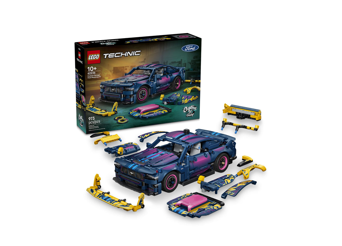 LEGO Technic Ford Mustang GT 42236 with blue and pink customizable car and yellow garage tools