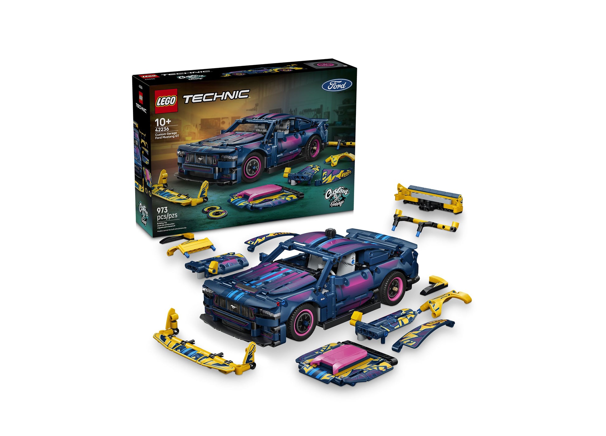 LEGO Technic Ford Mustang GT 42236 with blue and pink customizable car and yellow garage tools