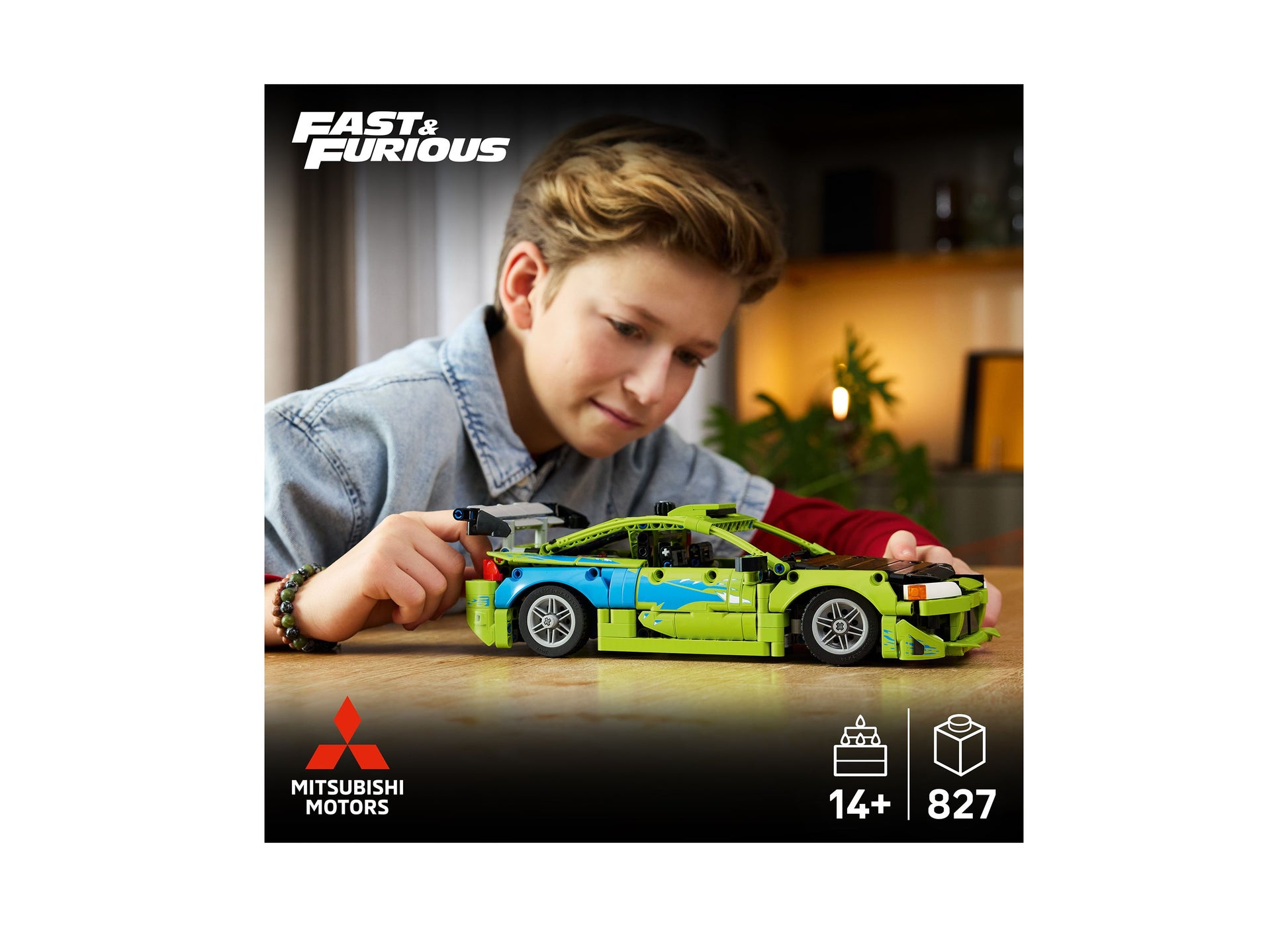 LEGO Fast and Furious Mitsubishi Eclipse 42229 green and blue building set with 827 pieces