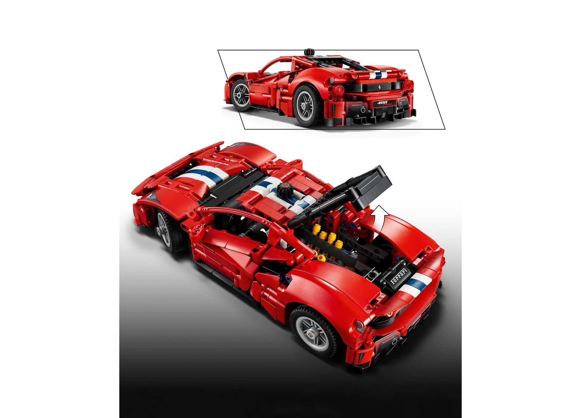 LEGO Technic Ferrari 488 PISTA red sports car building set with detailed engine and moving parts