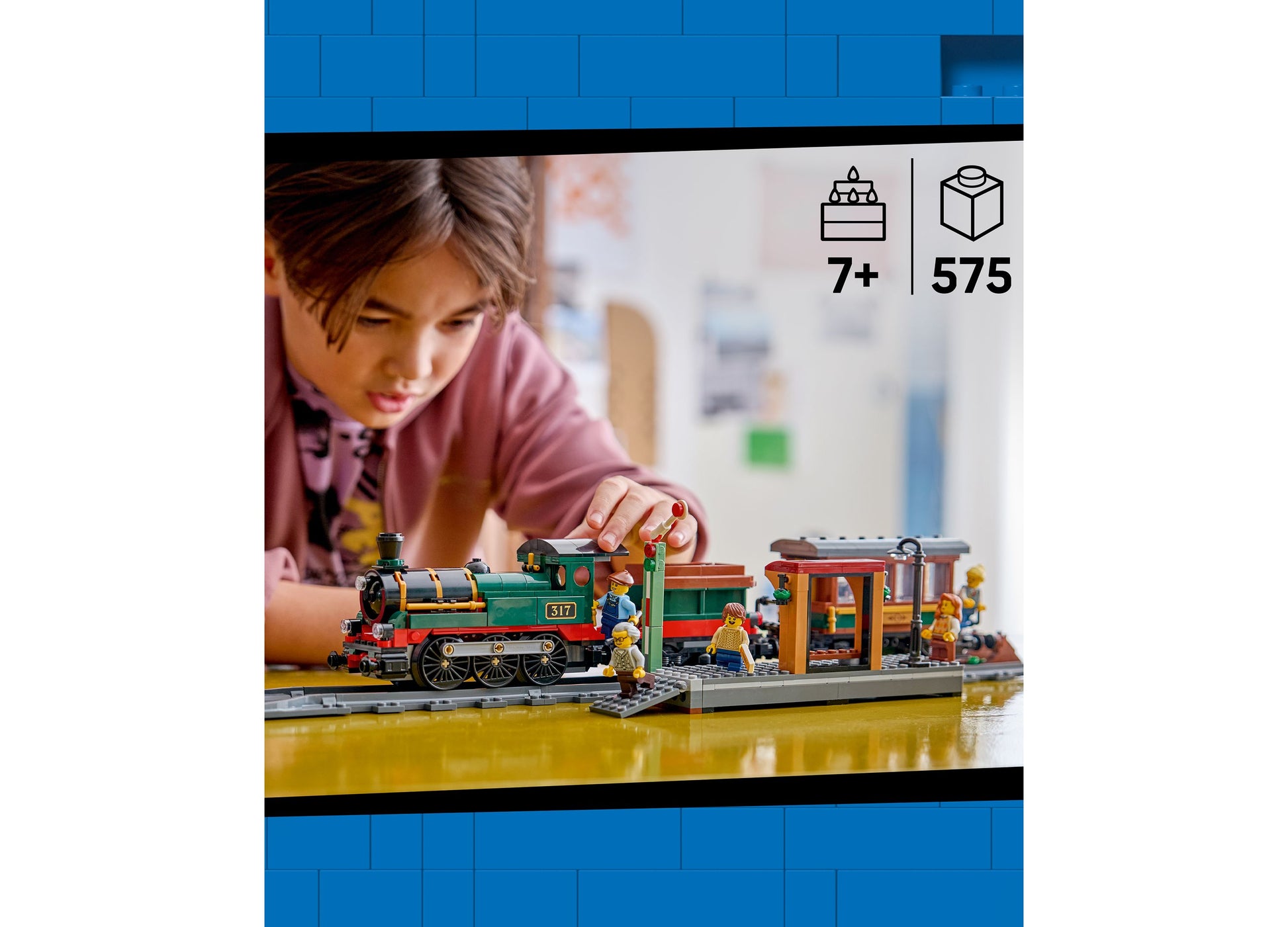 LEGO City Vintage Steam Train 60511 set with green and orange train, station, and minifigures