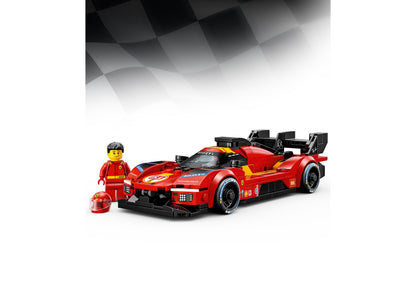 LEGO Speed Champions Ferrari 499P red race car set with minifigure and helmet