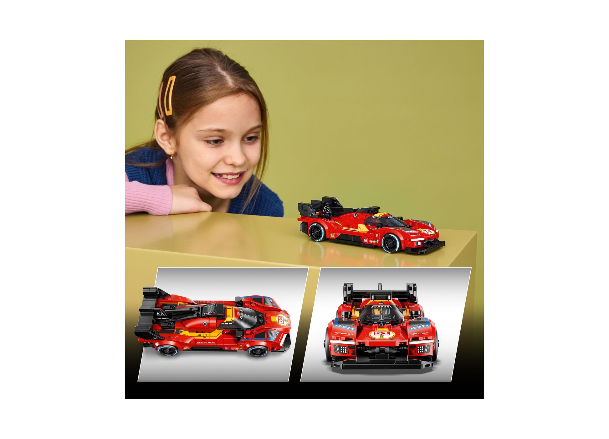 LEGO Speed Champions Ferrari 499P red race car building set with girl playing