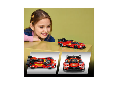 LEGO Speed Champions Ferrari 499P red race car building set with girl playing