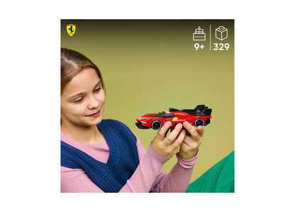 Girl holding red LEGO Speed Champions Ferrari 499P building set with 329 pieces