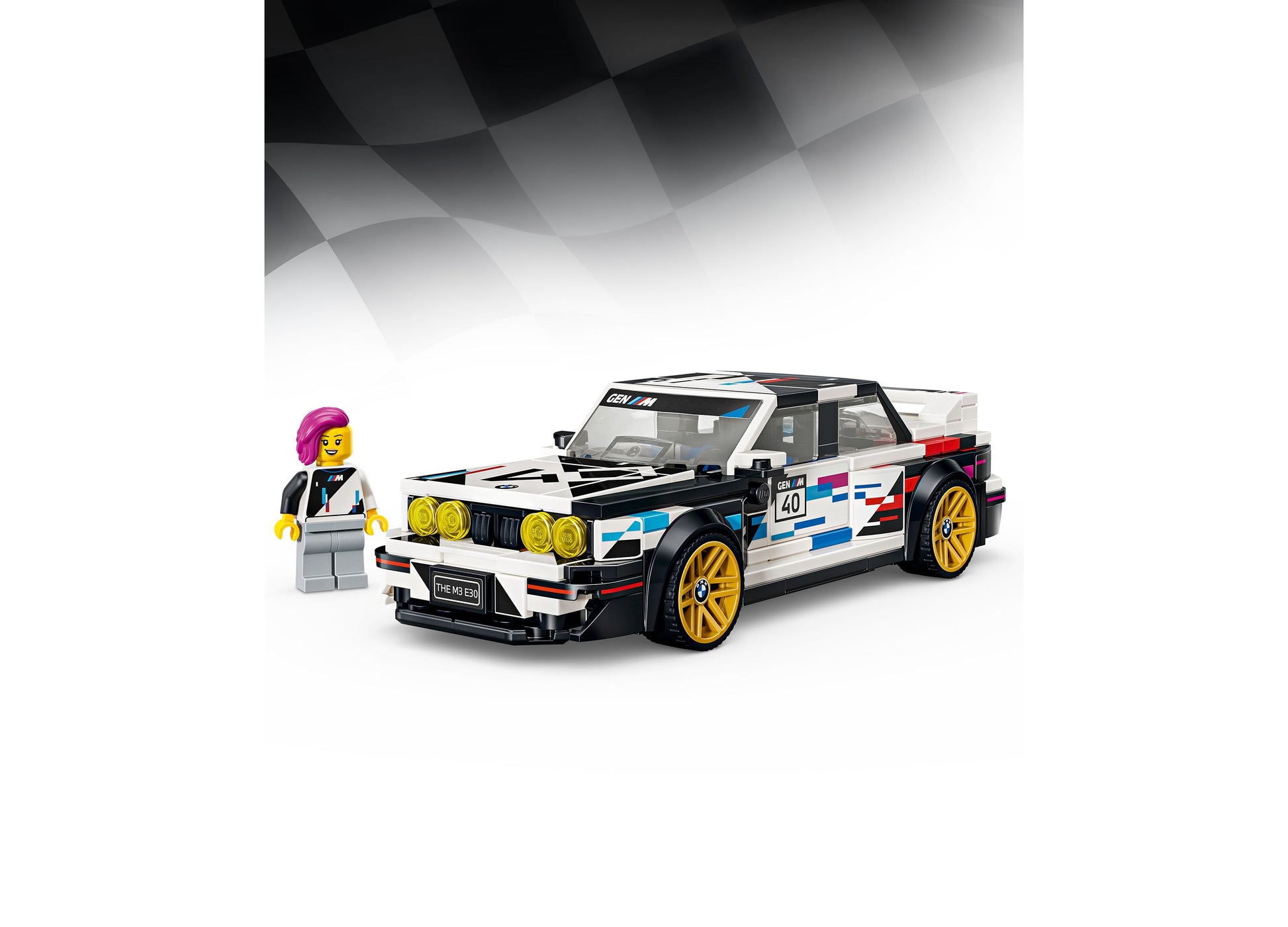 LEGO BMW M3 E30 77263 building set with white, black and gold race car and minifigure