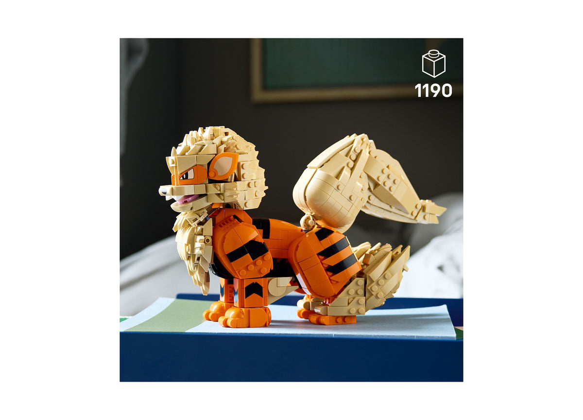 LEGO Pokémon Arcanine 1190-piece building set featuring orange and tan tiger-striped character with posable parts