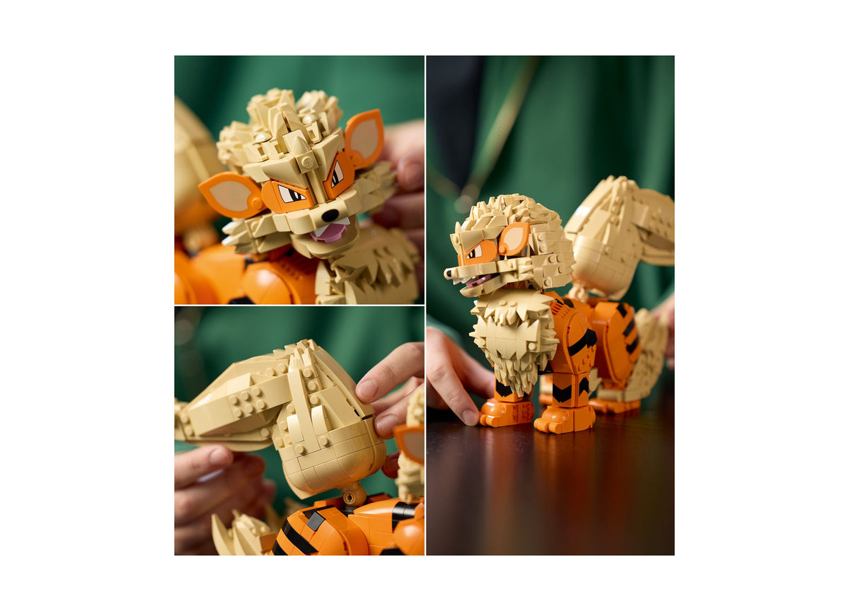 LEGO Pokémon Arcanine building set with orange and tan colored tiger character in multiple display angles