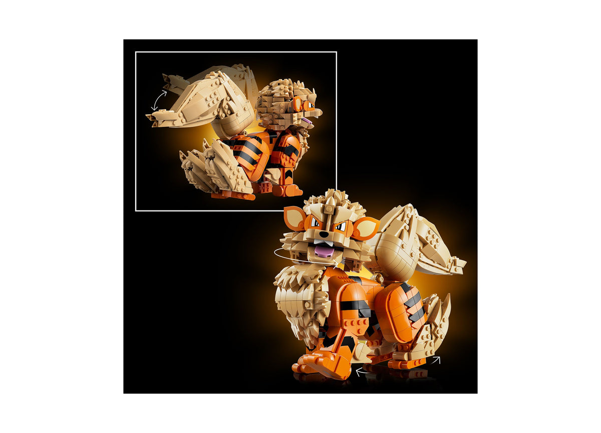 LEGO Pokémon Arcanine 1190-piece building set with orange and cream posable figure