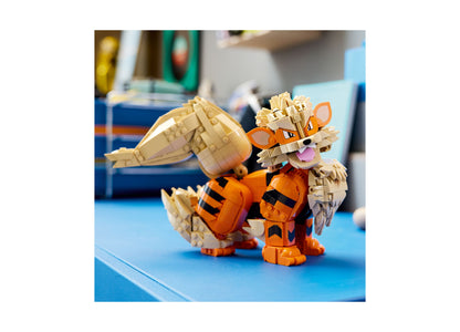 LEGO Pokémon Arcanine building set with orange and tan posable figure on blue surface