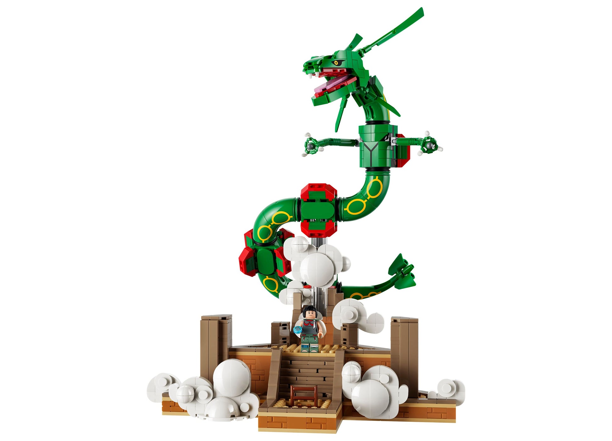 LEGO Pokémon Rayquaza Posable Display Set with green dragon figure, brown base, and minifigure
