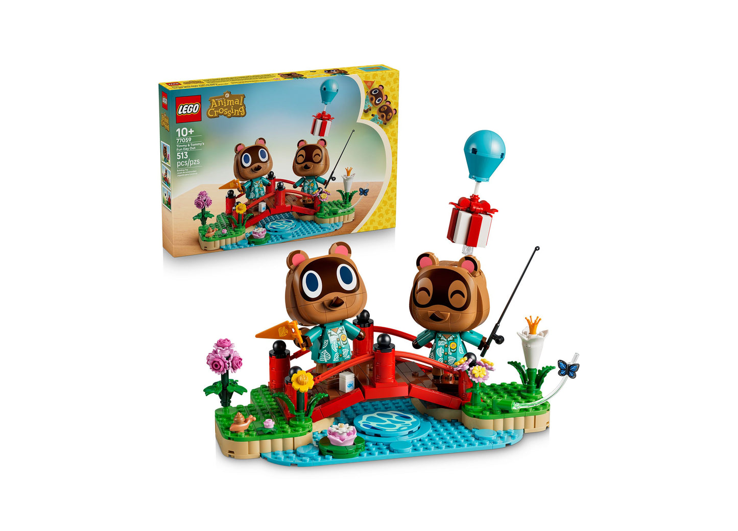 LEGO Animal Crossing Timmy Tommy's Fun Day Out set with two bear minifigures, red bridge, blue balloon, and colorful ...