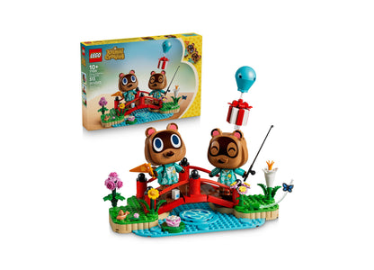 LEGO Animal Crossing Timmy Tommy's Fun Day Out set with two bear minifigures, red bridge, blue balloon, and colorful ...