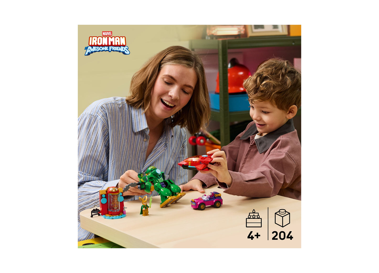 LEGO Marvel Iron Man Awesome Friends 204-piece set with adult and child playing with colorful building blocks