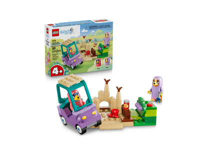 LEGO Bluey 11216 80-piece building set with purple car, sand castle, and character figures for ages 4+