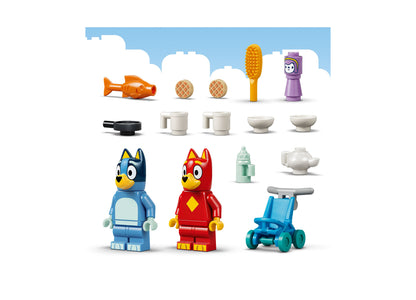 LEGO Bluey School 11221 building set with blue and red Bluey minifigures, accessories, and pieces