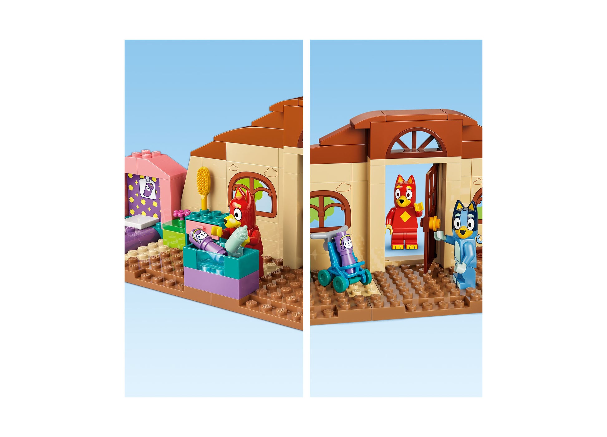 LEGO Bluey School 11221 building set showing colorful classroom and outdoor scenes with Bluey and Rusty minifigures