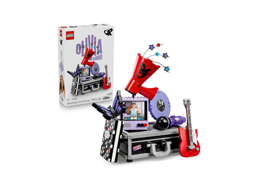LEGO Olivia Rodrigo Secret Storage 43030 set with purple storage unit, red guitar, and colorful star decorations