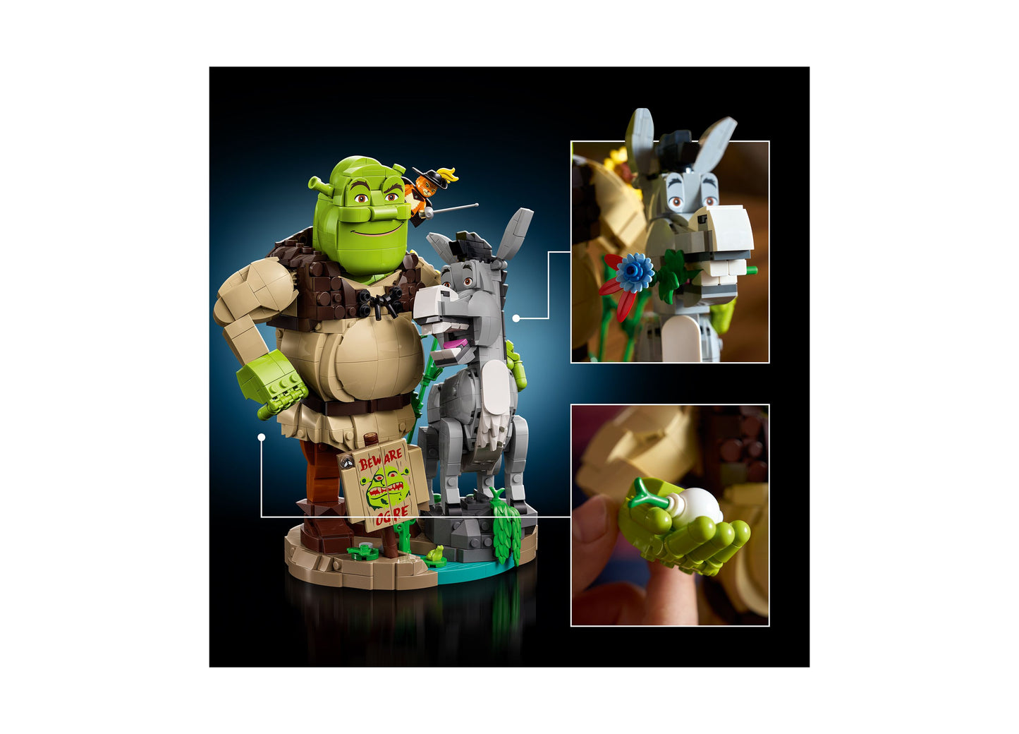 LEGO Shrek 72423 building set featuring green Shrek figure, gray Donkey, and white Puss in Boots with detailed access...