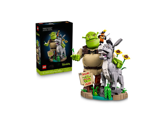 LEGO Shrek 72423 building set featuring Shrek, Donkey, and Puss in Boots figures with swamp base