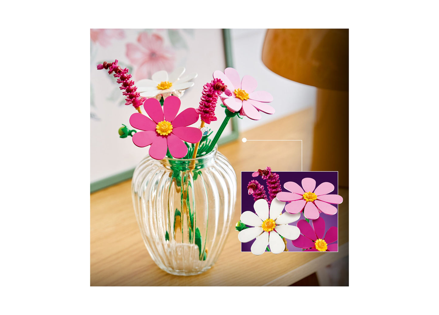 LEGO Cosmos Flowers 11514 building set with pink, white, and magenta flowers in clear glass vase