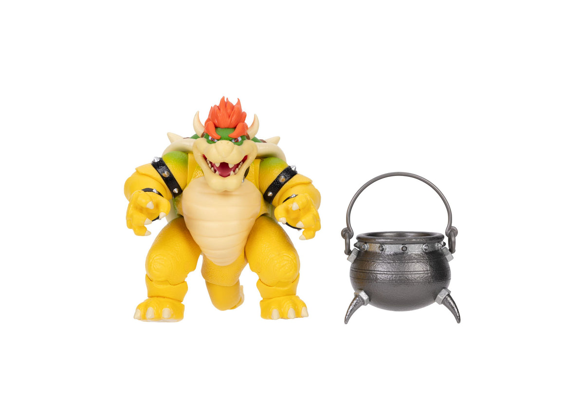 Super Mario Bowser 6" action figure in yellow with red spiky hair, shown with black cauldron accessory