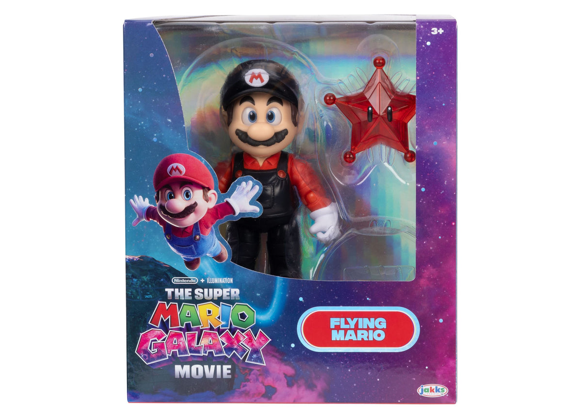 Flying Mario 5-inch action figure from Super Mario movie merchandise, red and black outfit with M cap, includes red star