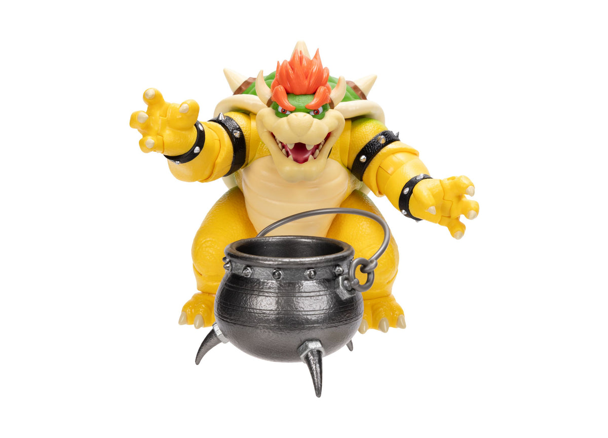 Super Mario Bowser 6" action figure with yellow body, red spiky hair, and black cauldron accessory