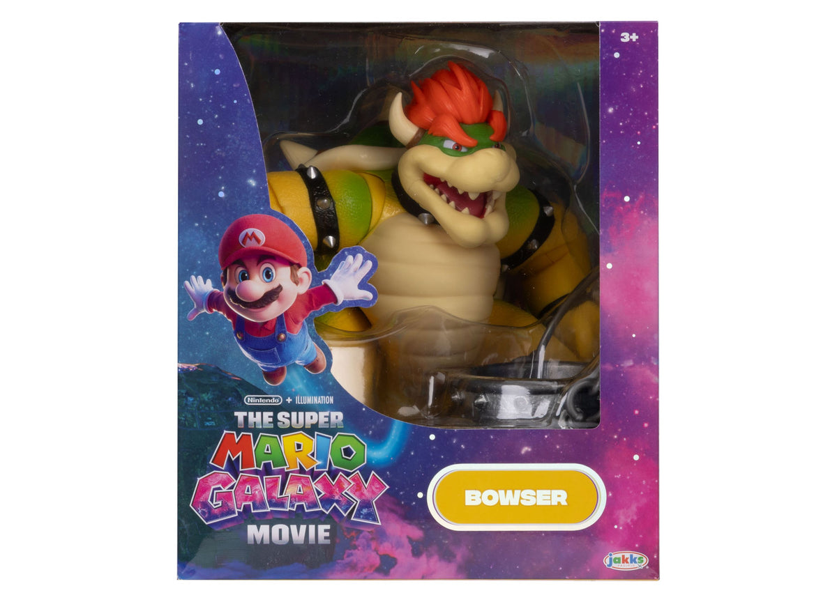 Super Mario Bowser 6" action figure with red hair and green mask, shown with cauldron accessory