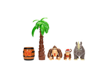 Donkey Kong Adventure Diorama 5-Piece Playset with barrel, palm tree, and animal figures