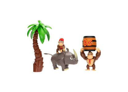 Donkey Kong Adventure Diorama 5-Piece Playset with palm tree, rhino, and DK barrel figures