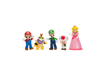 Super Mario 5-pack action figures set with Mario, Luigi, Princess Peach, Toad, and Bowser Jr.