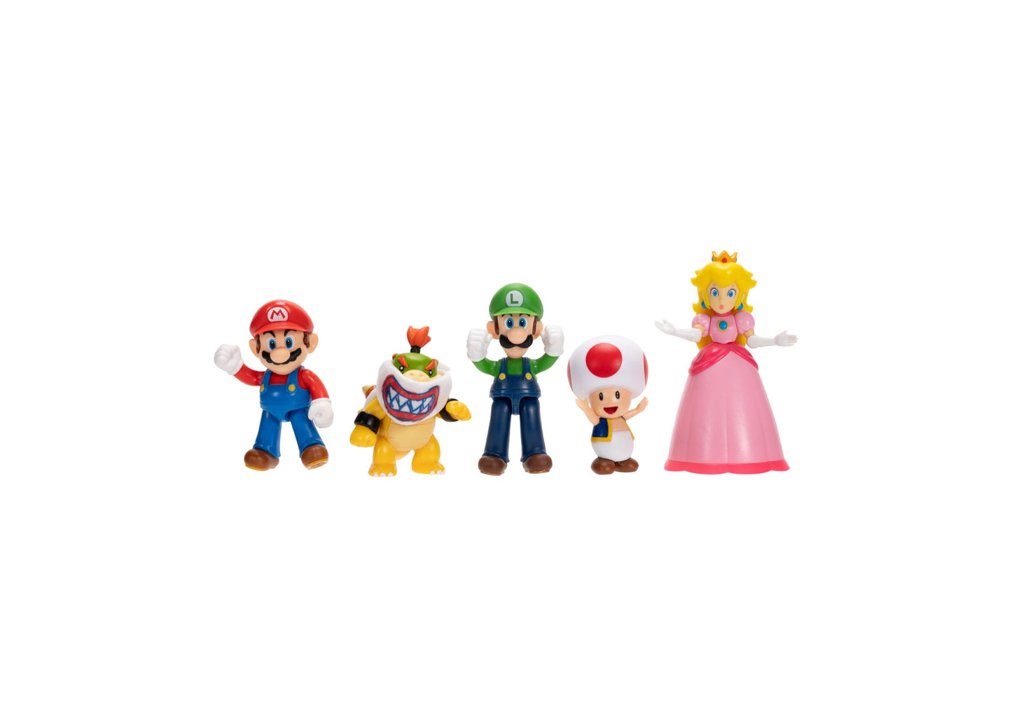 Super Mario 5-pack action figures set with Mario, Luigi, Princess Peach, Toad, and Bowser Jr.
