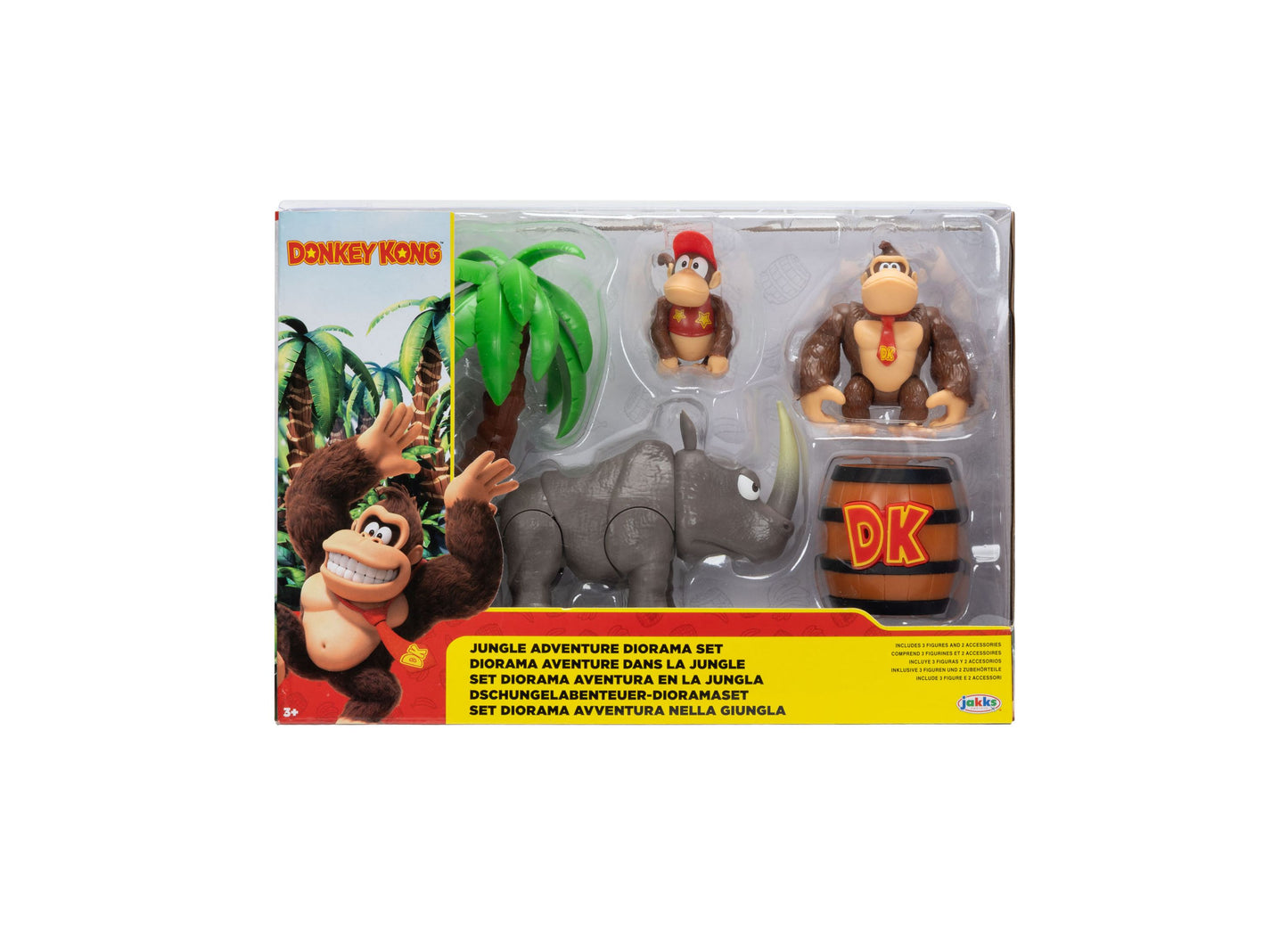Donkey Kong Jungle Adventure Diorama Set with figures, palm tree, elephant, and barrel accessories
