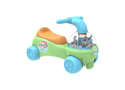 Bluey Swim Time Mechanical Ride-On in green and blue with orange seat, featuring clear dome showing characters