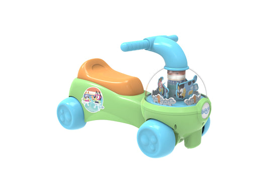 Bluey Swim Time Mechanical Ride-On in green and blue with orange seat, featuring clear dome showing characters
