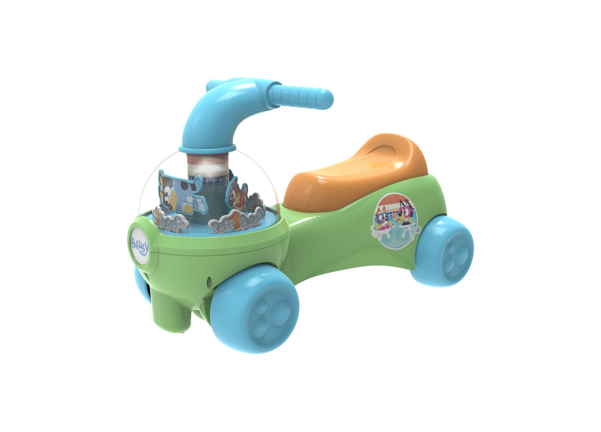 Bluey Swim Time Mechanical Ride-On in green and blue with brown seat, featuring clear dome with characters