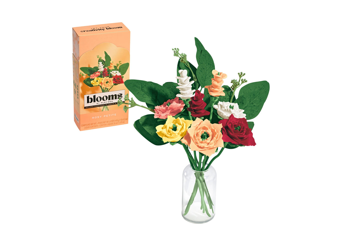 Play-Doh Blooms Rosy Petite Bouquet flower-making kit with colorful molded blooms in red, yellow, peach, pink and whi...