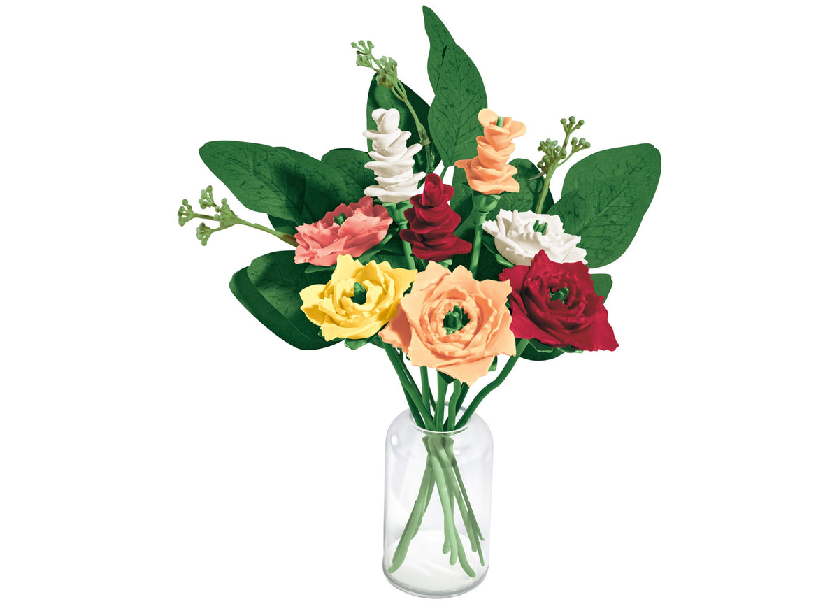Play-Doh Blooms Rosy Petite Bouquet Flower-Making Kit with colorful molded flowers in red, yellow, peach, and white a...