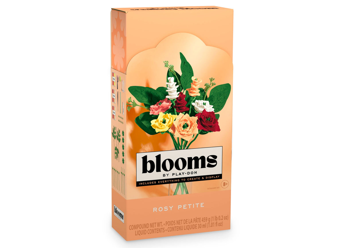 Play-Doh Blooms Rosy Petite Bouquet Flower-Making Kit box featuring colorful molded flowers in red, pink, yellow, whi...