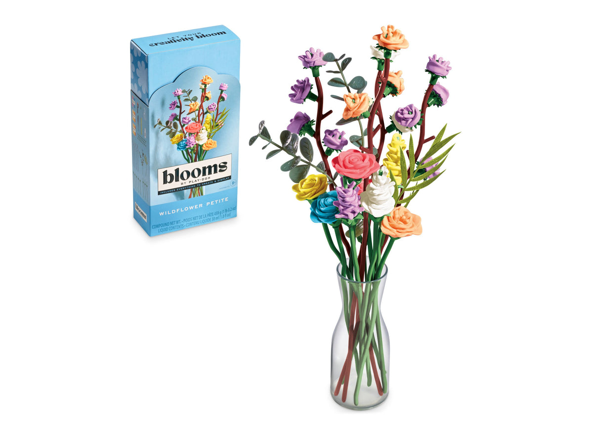 Play-Doh Blooms Wildflower Petite Bouquet Kit with colorful molded flowers in vase