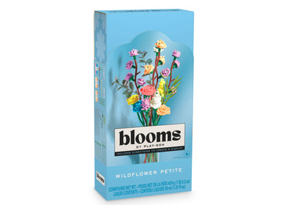 Play-Doh Blooms Wildflower Petite Bouquet Kit box showing colorful molded flowers in a vase
