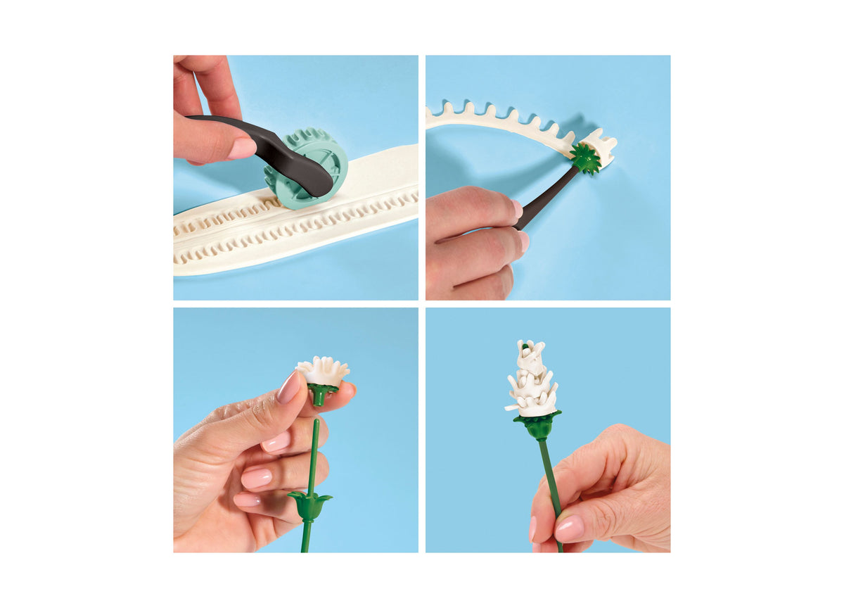 Play-Doh Blooms Wildflower Petite Bouquet Kit showing step-by-step flower molding process with tools, white blooms, g...
