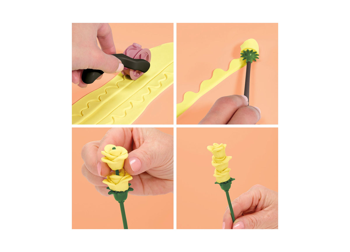 Play-Doh Blooms Rosy Petite Bouquet Flower-Making Kit showing yellow rose flowers being molded and arranged with gree...