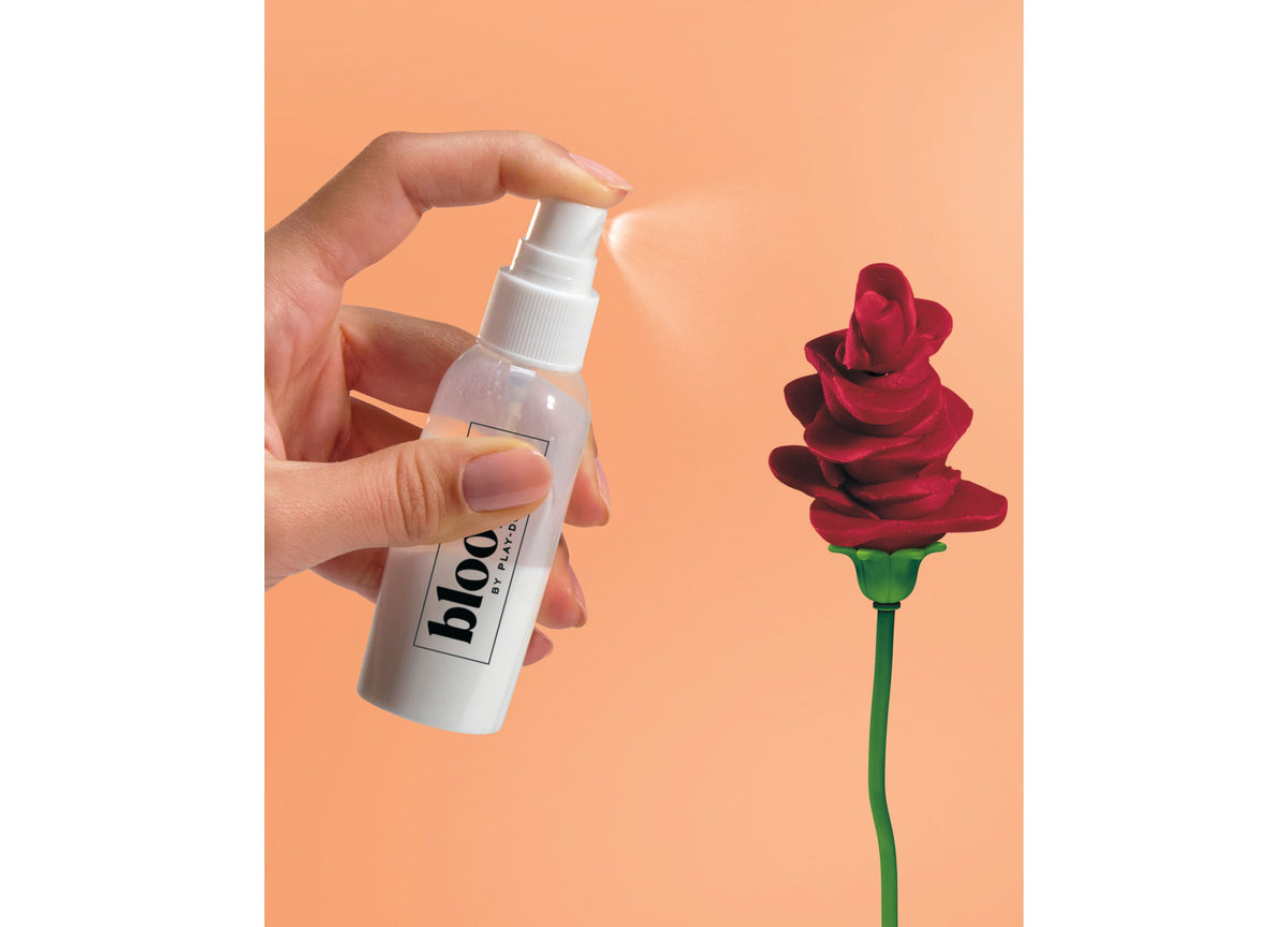 Play-Doh Blooms Rosy Petite Bouquet Flower-Making Kit with red molded flowers, green stem, and spray bottle