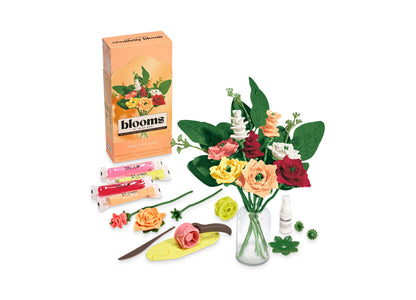 Play-Doh Blooms Rosy Petite Bouquet Flower-Making Kit with colorful molded flowers in vase, tools, and supplies