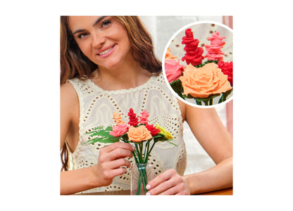 Play-Doh Blooms Rosy Petite Bouquet Flower-Making Kit with red, pink, and orange flowers in vase