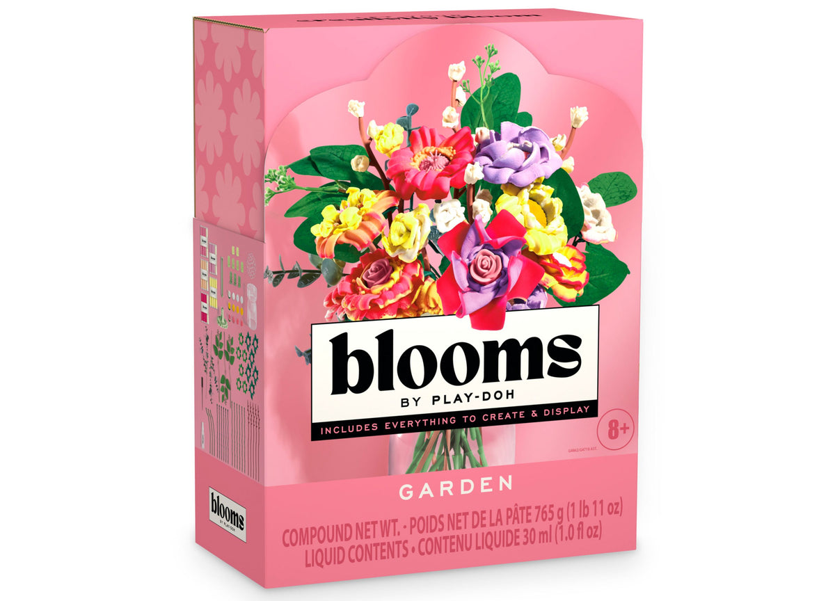 Play-Doh Blooms Garden Bouquet Kit with colorful flowers in pink, yellow, purple, and red arranged in a clear vase wi...