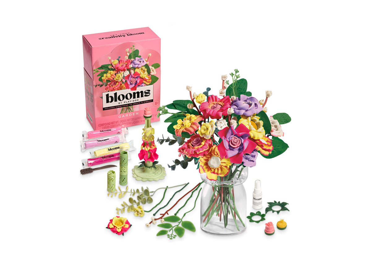 Play-Doh Blooms DIY Garden Bouquet Kit with colorful flower arrangement in clear vase, crafting tools, and pink packa...