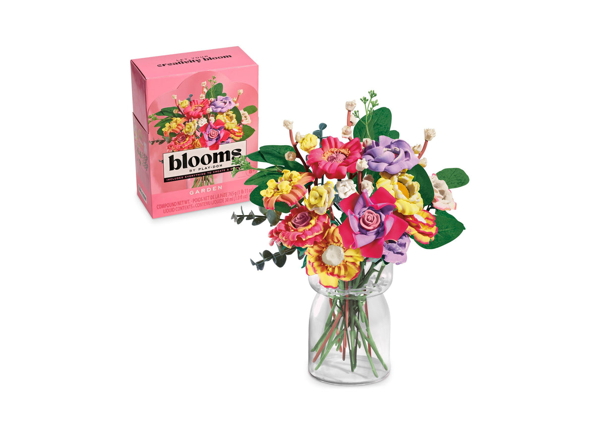 Play-Doh Blooms DIY Garden Bouquet Kit with colorful compound flowers in pink, purple, yellow, and red arranged in a ...